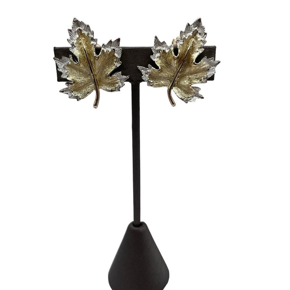 VTG Sarah Coventry Silver & Gold Tone Layered Maple Leaf Clip On Earrings Chunky - Picture 2 of 14